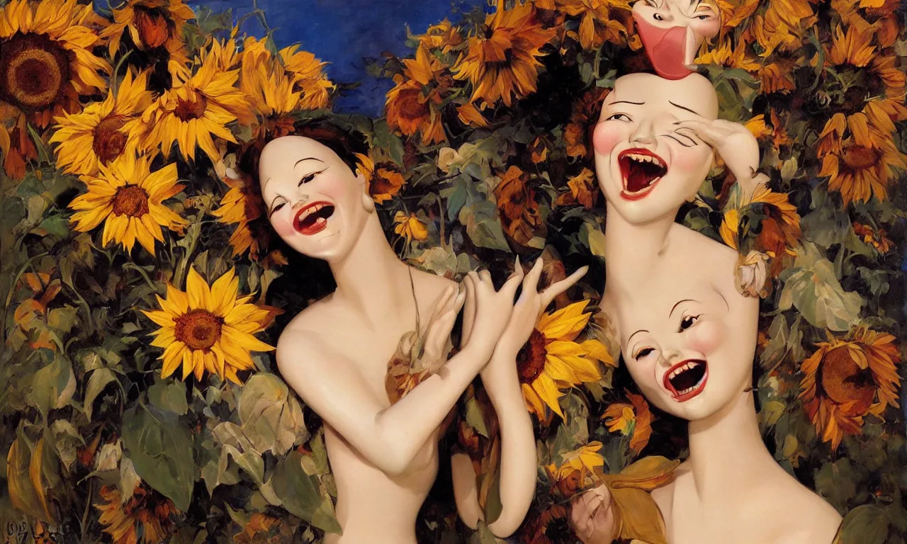 Prompt: a portrait of a beautiful female mannequin, a jointed wooden art doll, laughing with her mouth open, happiness, sunflowers, by Rolf Armstrong, by Esao Andrews, by Karol Bak