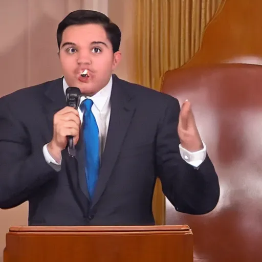 Image similar to Elmo wearing a suit, sitting in front of a microphone, shouting at congress.