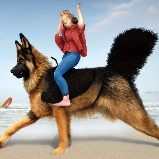 Image similar to girl riding a giant German shepherd at the beach, trending on artstation