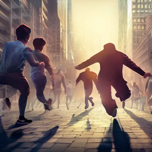 Image similar to bunch of people running away from a bitcoin giant in the city, hyper detailed, trending on artstation, cinematic composition hdr, 8 k, beautiful lighting, sharp details, digital illustration