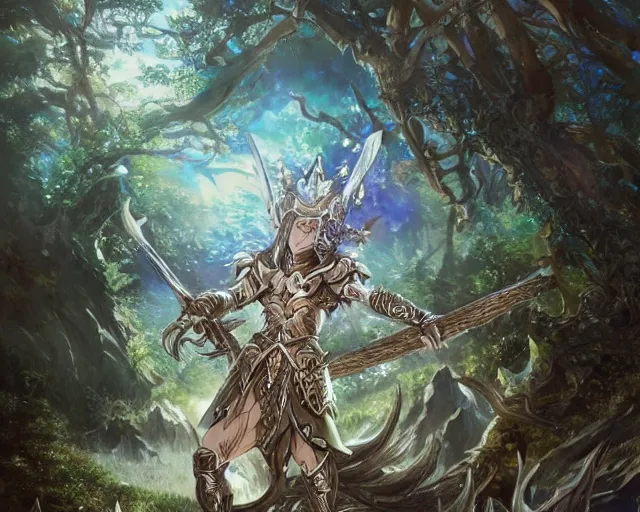 Prompt: an anime landscape of a knightly merfolk from magic the gathering wearing a ornate detailed armor garments and an atlantean crown, in a mystical forest from skyrim, by stanley artgerm lau, wlop, rossdraws, james jean, andrei riabovitchev, marc simonetti, and sakimichan, trending on artstation