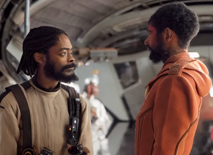 Image similar to first official image from paul thomas anderson's new space opera film starring lakeith stanfield and grimes. shot on alexa mini, stunning cinematography, filmgrain, kodak vision 2 0 0 t, shot composition