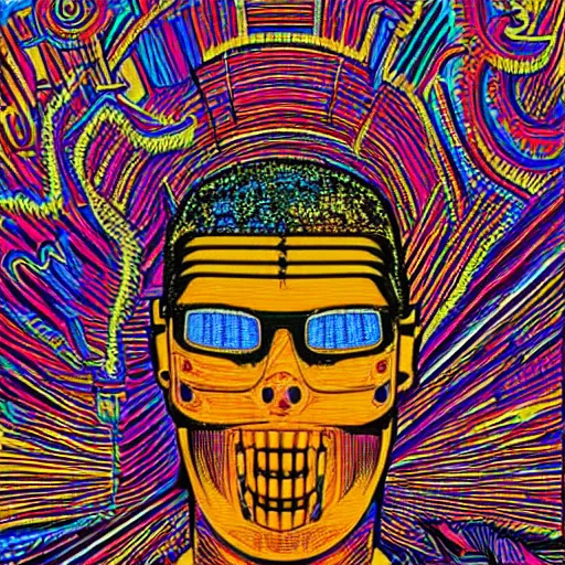 Image similar to a black tshirt with a hyperdetailed portrait of a cyberpunk robot by robert crumb, 8 k, symetrical, flourescent colors, happy trippy mood, multicolored,