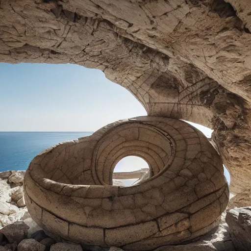 Image similar to a gigantic paleolothic torus made of stone with highly detailed carvings of intricate shamanic robotic electronics and circuitry, in a mediterranean lanscape, inside a valley overlooking the sea, in the style of michael karcz