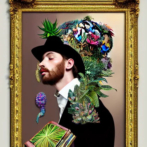 Image similar to HD 8x hyperdetailed illustrated mixed media collage of a man with a maximalist hyperrealistic huge hat made of jewel plants, reading an elaborate book. flamish baroque solarpunk elements. matte background in pastel tones.