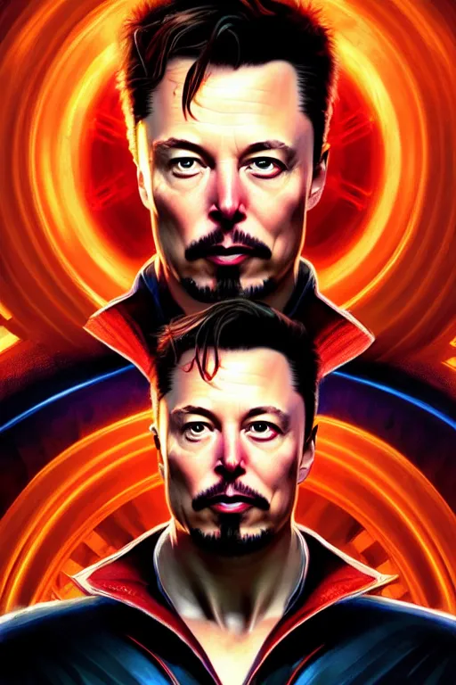 Image similar to elon musk as dr strange, realistic portrait, symmetrical, highly detailed, digital painting, artstation, concept art, smooth, sharp focus, illustration, cinematic lighting, art by artgerm and greg rutkowski and alphonse mucha