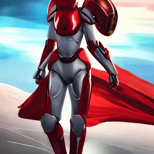 Image similar to portrait of a beautiful female soldier, no makeup, in glossy sleek white armor inspired by samus aran and a long red cape, heroic posture, determined expression, no helmet, on the surface of mars, cinematic, sci-fi, hyperrealistic, detailed