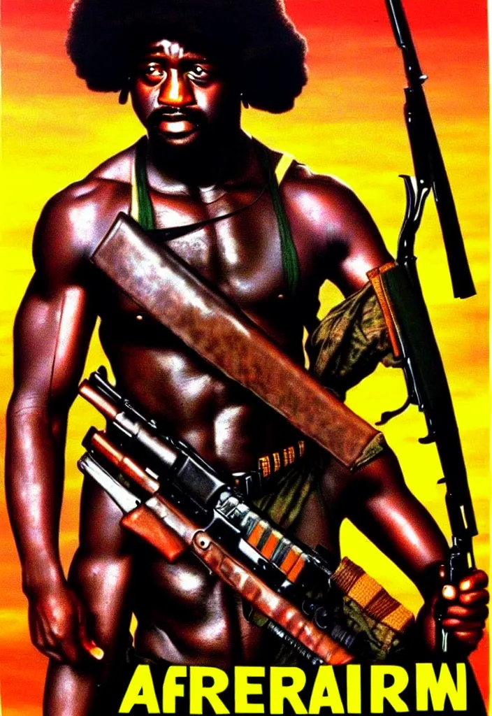 Prompt: african rambo - movie poster, 1 9 9 3, hq print