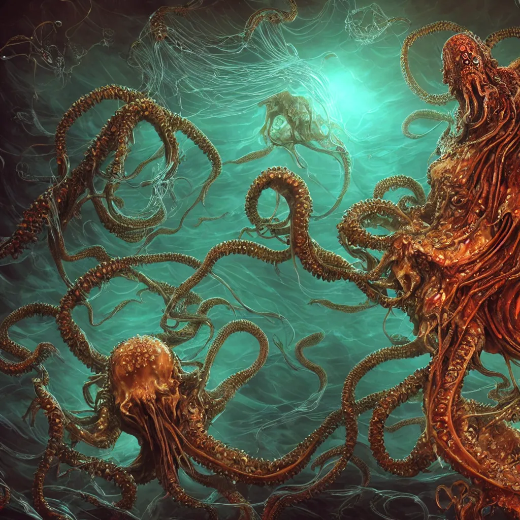 Image similar to close-up macro portrait of a Cthulhu and other fantastical sea creatures, epic angle and pose, ribcage bones symmetrical artwork, 3d with depth of field, blurred background, cybernetic jellyfish female face skull phoenix bird, translucent, nautilus, energy flows of water and fire. a highly detailed epic cinematic concept art CG render. made in Maya, Blender and Photoshop, octane render, excellent composition, cinematic dystopian brutalist atmosphere, dynamic dramatic cinematic lighting, aesthetic, very inspirational, arthouse. Greg Rutkowski, Ilya Kuvshinov, WLOP, Stanley Artgerm Lau, Ruan Jia and Fenghua Zhong