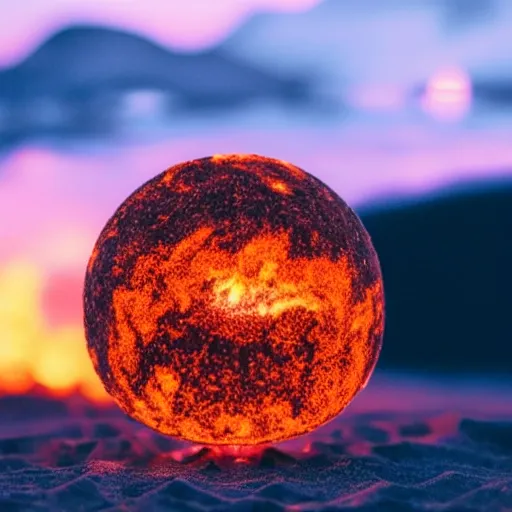 Image similar to A sphere made of sand levitating over glowing lava