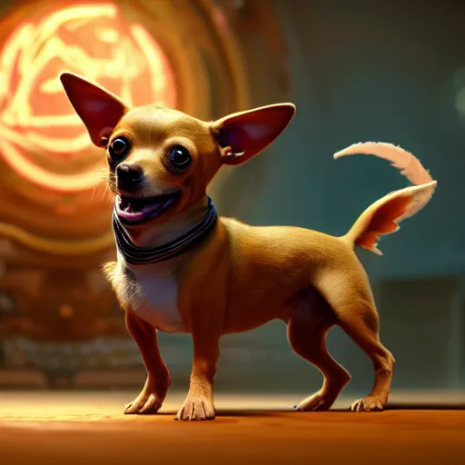 Image similar to a human chihuahua living in an extradimensional reality where it is a god, in the style of wlop, illustration, epic, fantasy, hyper detailed, smooth, unreal engine, sharp focus, ray tracing, physically based rendering, renderman, beautiful