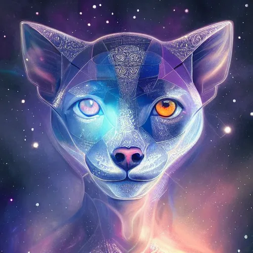 Image similar to Geometric symmetrical fossa with galaxy eyes in space, nebula in the background, intricate, elegant, highly detailed, digital painting, artstation, concept art, smooth, sharp focus, illustration, art by artgerm