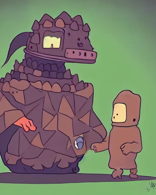 Prompt: a golem and a trash dragon, in the show hilda, cartoon, whimsical, cute, silly, fine art, high definition