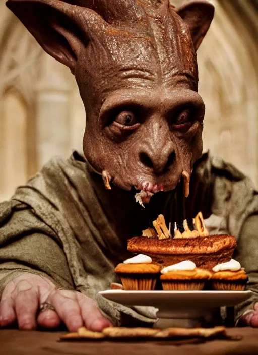 Image similar to closeup portrait of a medieval goblin eating cakes in the abbey, depth of field, zeiss lens, detailed, symmetrical, centered, fashion photoshoot, by annie leibovitz and steve mccurry, david lazar, jimmy nelsson, breathtaking, 8 k resolution, extremely detailed, beautiful, establishing shot, artistic, hyperrealistic, beautiful face, octane render