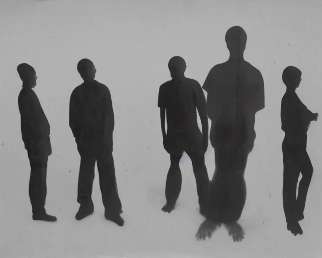 Prompt: a group of people standing next to each other, a photocopy by by Zhang Xiaogang, featured on cg society, holography, multiple exposure, calotype, ambient occlusion