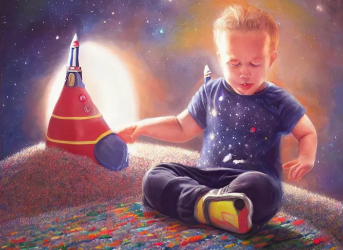 Image similar to toddler elon musk sittingon a shaggy rug playing with his shiny space rockets, realistic painting, beautiful soft lighting, istvan sandorfi