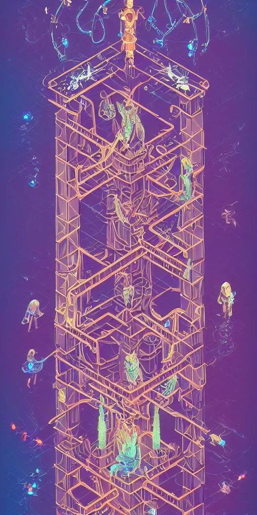 Prompt: isometric portrait of advanced alien, his last moment, mystical, intricate ornamental tower floral flourishes, technology meets fantasy, map, infographic, concept art, art station, style of monument valley, giger, wes anderson