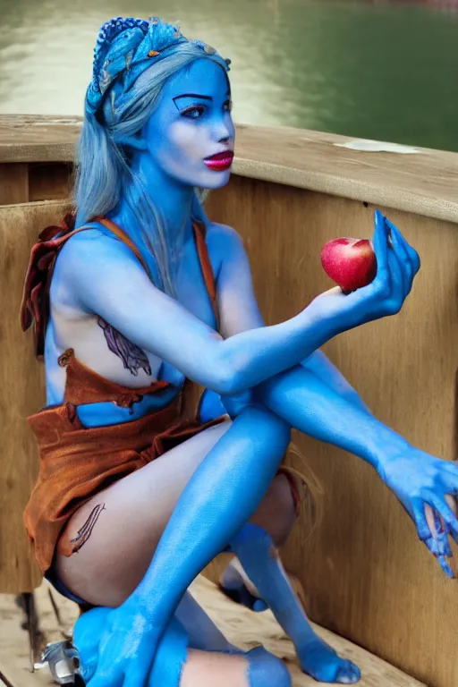 Image similar to close up of a blue skinned triton girl from dnd eating an apple and sitting on the deck of a ship, cosplay, high resolution film still, hdr color