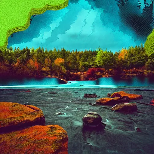 Prompt: a beautiful landscape, river, rocks, trees, glitch, glitchy, vhs, corrupted