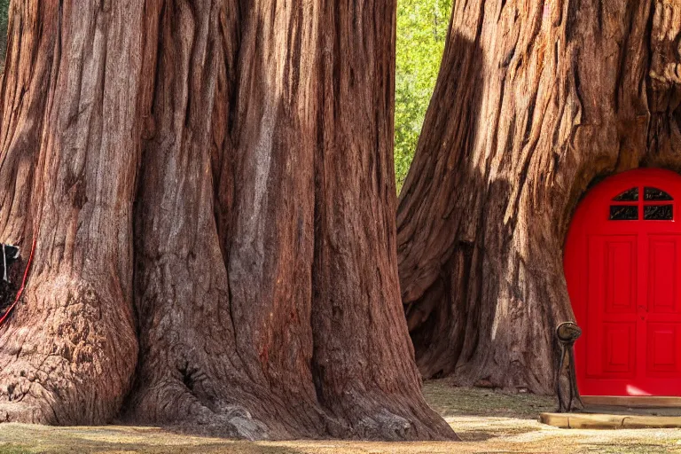 Image similar to grizzly wearing a red shirt sitting outside big sequoia tree with a red door by Roger Deakins