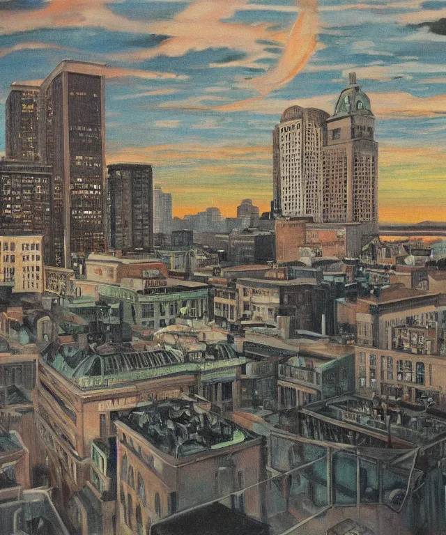 Image similar to horrifying full color photorealistic painting of a 1 9 2 5 hotel terrace overlooking a distored view of downtown boston with a cosmic sky, dark, atmospheric, brooding, smooth, finely detailed, cinematic, epic, in the style of lee gibbons