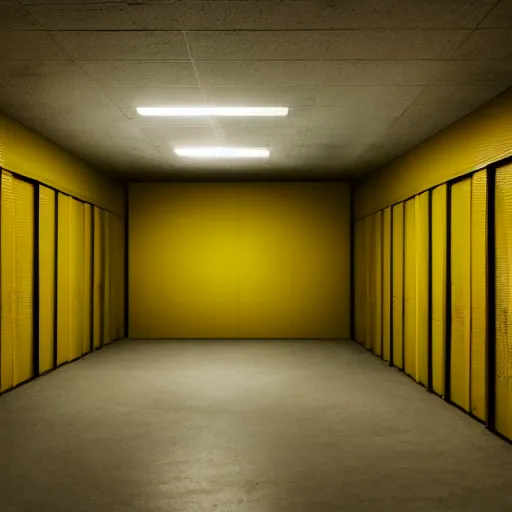 Image similar to an empty backroom at night, eerie atmosphere, yellow hue