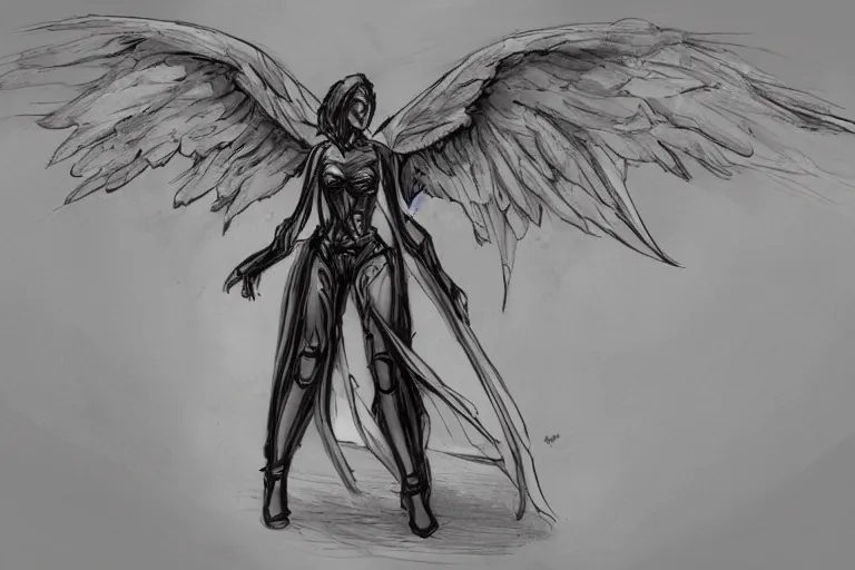 Image similar to concept art, woman angel in armor, large wingspan, dramatic pose