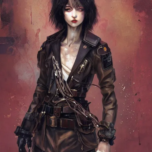 Prompt: portrait of a girl by ayami kojima, mixture between japanese and russian, she is about 2 0 years old, messy black bob hair, very tall and slender, she is wearing a steampunk tactical gear, highly detailed portrait, digital painting, artstation, concept art, smooth, sharp foccus ilustration, artstation hq