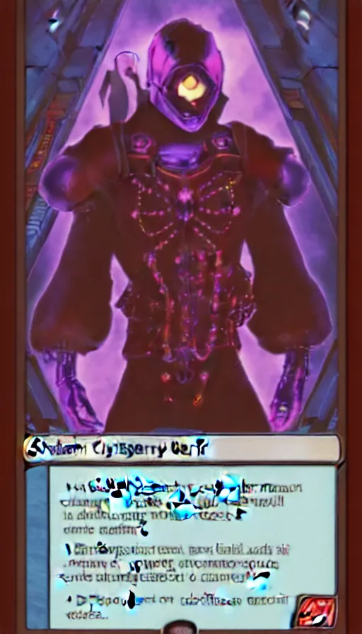 Image similar to the whispering cyber - devil, cyberpunk trading card, card art, magic the gathering and hearthstone style