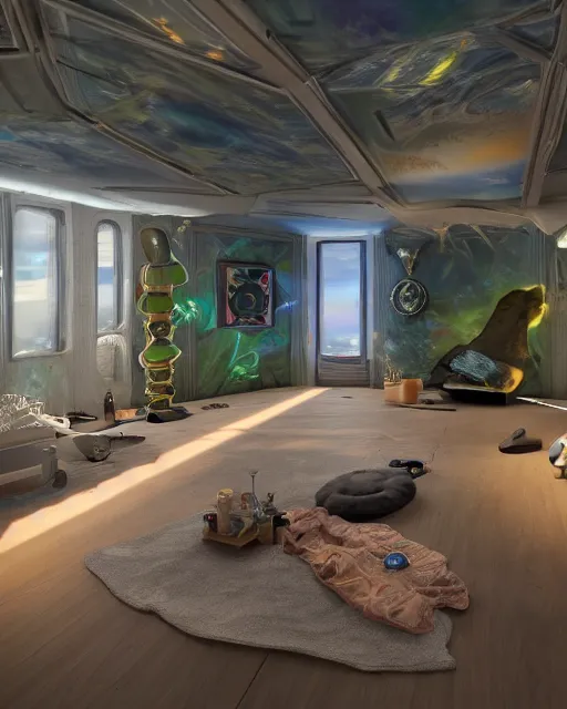 Image similar to artstation scifi scene of a safe room as ikea ad, lounge furniture, carpeted floor, sky mural on the room ceiling, holographic nature art walls, large terrarium, paneled walls, unreal engine 5, hyper realism, realistic shading, cinematic composition, blender render, octane render, hdr, detailed textures, photorealistic, wide shot