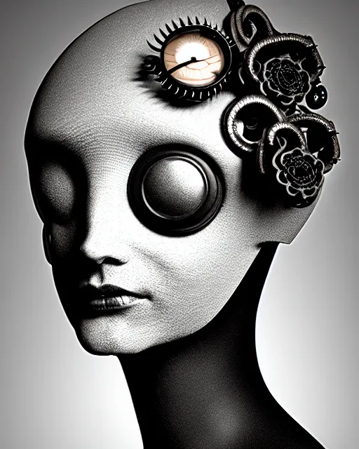 Image similar to black and white dreamy foggy smoky profile face portrait, one silver steampunk eye biomechanical beautiful young female cyclope - cyborg - robot bust, body ribs meshes,, volumetric light, hibiscus flowers, by hg giger, rim light, by dora maar and cecile beaton, big gothic fashion pearl embroidered collar, 8 k