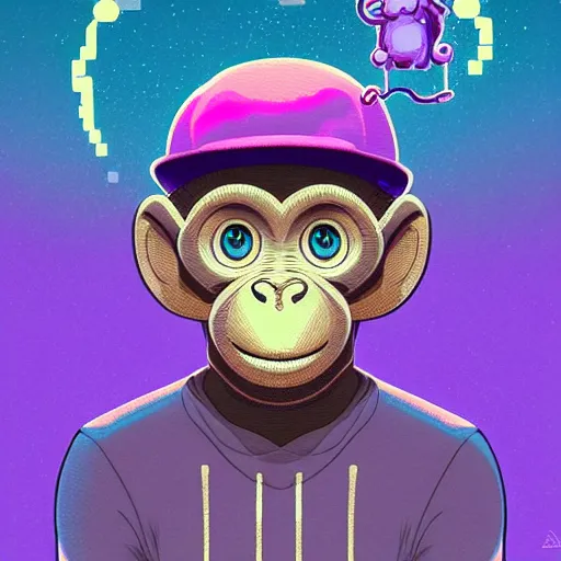 Prompt: a frontal portait drawing of a cute purple pixel art monkey with a cap by inio, beeple and james jean, aya takano color style, trippy, 8 k, super detailed, night sky, digital art, digital painting, clean