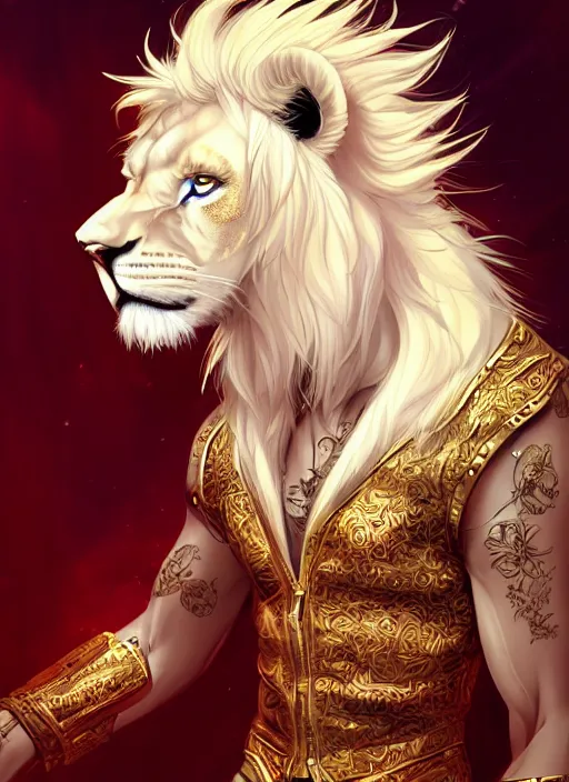 Prompt: award winning beautiful portrait commission of a male furry anthro albino lion with a beautiful hyperdetailed attractive outfit and face wearing a golden and red rockstar outfit on a stage. Character design by charlie bowater, ross tran, and makoto shinkai, detailed, inked, western comic book art