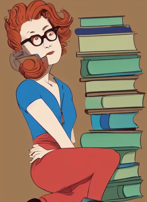 Prompt: a young woman with red hair in a bun and glasses sits on top of a tall pile of books. she is reading. clean pretty cartoon painting, cel shaded, beautiful detailed face.