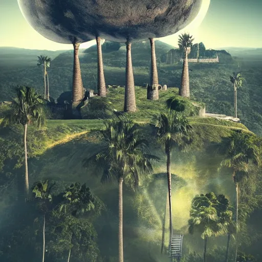 Prompt: a castle in the sky on a magical hill surrounded by giant palm trees, giant moon in the sky, cinematic, digital art by erik johansson, 8 k resolution, hyper detailed, sharp focus