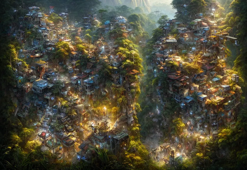 Prompt: photorealistic symetric favela rio in middle of jungle and mountains by ellen jewett, tomasz alen kopera and Justin Gerard