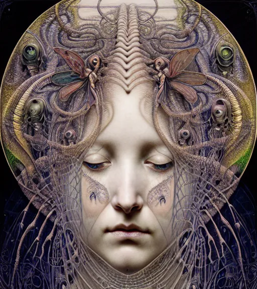 Prompt: detailed realistic beautiful butterfly goddess face portrait by jean delville, gustave dore, iris van herpen and marco mazzoni, art forms of nature by ernst haeckel, art nouveau, symbolist, visionary, gothic, neo - gothic, pre - raphaelite, fractal lace, intricate alien botanicals, ai biodiversity, surreality, hyperdetailed ultrasharp octane render