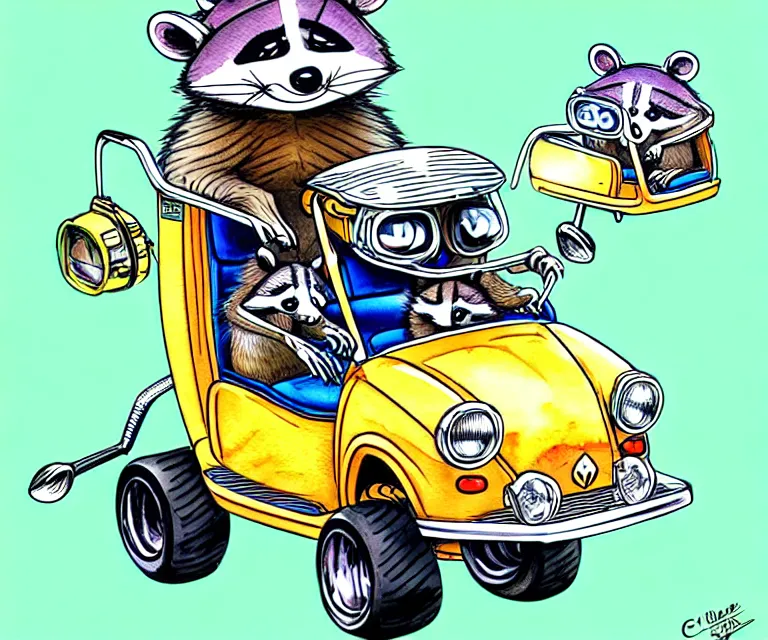 Image similar to cute and funny, racoon wearing a helmet riding in a tiny hot rod golf cart with oversized engine, ratfink style by ed roth, centered award winning watercolor pen illustration, isometric illustration by chihiro iwasaki, edited by range murata