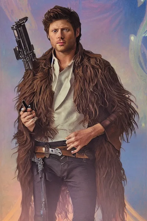 Image similar to a detailed matte portrait of jensen ackles dressed as has solo and misha collins as chewbacca, masterpiece, 8 k, art by alphonse mucha and greg rutkowski