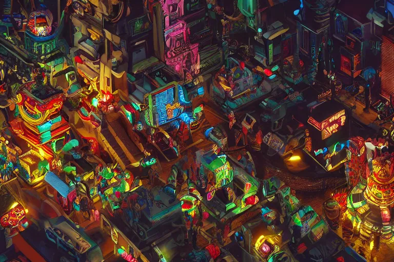 Image similar to Carnival, very highly detailed face's and body's. Voxel grapics concept art by Caravaggio, Details by Caravaggio , cyan dimensional light, , Cyberpunk city as Background by Hiromasa Ogura