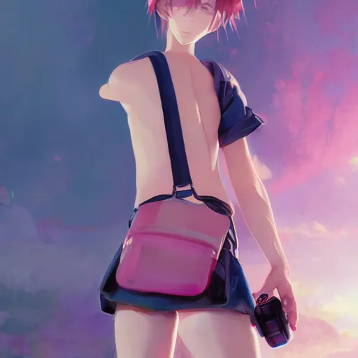 Image similar to a beautiful boyish natalie portman gravure model, wearing oversized pink suspender pants and transparent jet flight backpack, inflatable future shoes, future locomotive style, gapmoe yandere grimdark, trending on pixiv fanbox, painted by greg rutkowski makoto shinkai takashi takeuchi studio ghibli, akihiko yoshida,