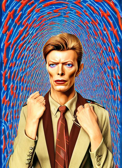 Image similar to twin peaks poster art, portrait of david bowie lost in the maze, other dimension, this is his fate for the next two years, by michael whelan, rossetti bouguereau, artgerm, retro, nostalgic, old fashioned