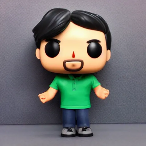 Image similar to a 30 year old skinny brown skinned programmer guy with no beard and thick black hair on top, short on sides, in a dark green polo shirt, blue jeans and grey sneakers funko pop close up highly detailed photo