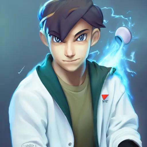 Image similar to Gary Oak in his 20s working in a pokemon lab, lab coat, airbrush render, by Ross Tran, Makoto Shinkai