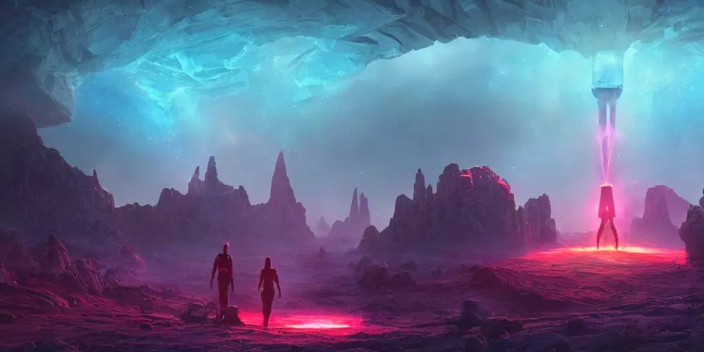 Prompt: ancient alien portal, large of androids, android in foreground, beams of light from sky, matte painting, electric sky, dreamscape, stars, global illumination, the great beyond, trending on artstation, color palette of movie mandy 2 0 1 8
