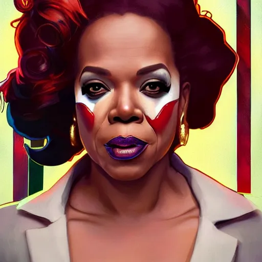 Image similar to Portrait of Oprah Winfrey as Harley Quinn, by artgerm and greg rutkowski and alphonse mucha and loish and WLOP, artstation, detailed, concept art, deviantart, colorful