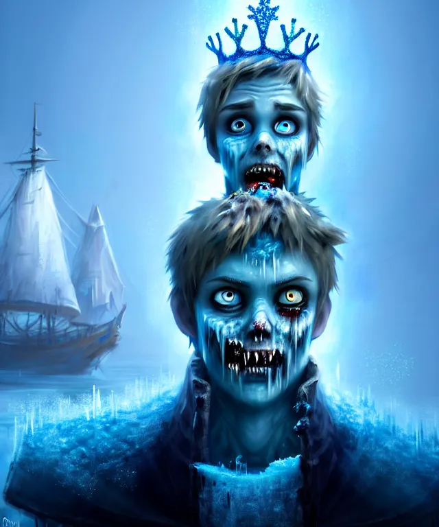 Image similar to frozen zombie man with a crown, eyes glowing blue, saling ship in the background, is at dawn and bluish, fantasy, intricate, elegant, digital painting, highly detailed, artstation, sharp focus, illustration, concept art, ruan jia, steve mccurry