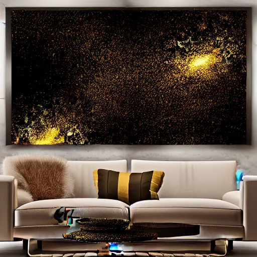 Image similar to chaotic cinematic space rift, dark, gold shine, bright, night