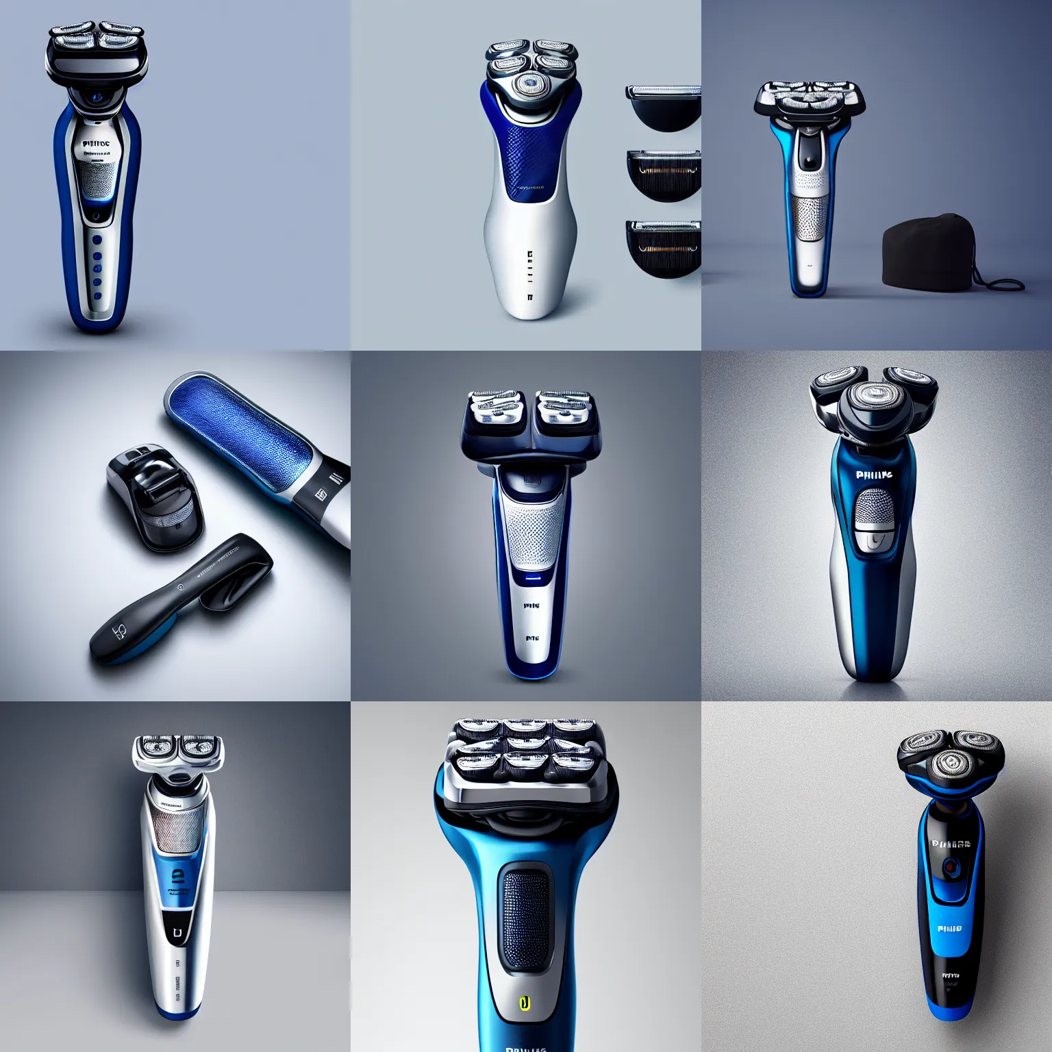 Prompt: ( philips shaver ) designed by porsche, studio photo, white backdrop, studio light, solid works, octane render, macro shot, in focus, dept of field, silver, blue, black design