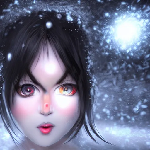 Prompt: photorealistic full body shot of masterpiece angry darkness android anime girl, beautifull lovely eyes, electric aura with particles, snowing frozen ice, darkness background, inspired by tim burton, detailed, unreal engine 4 k, volumetric light, fog